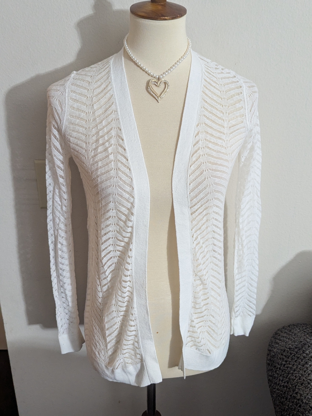 LOFT White Open Knit Chevron Cardigan Sweater XSP Petite